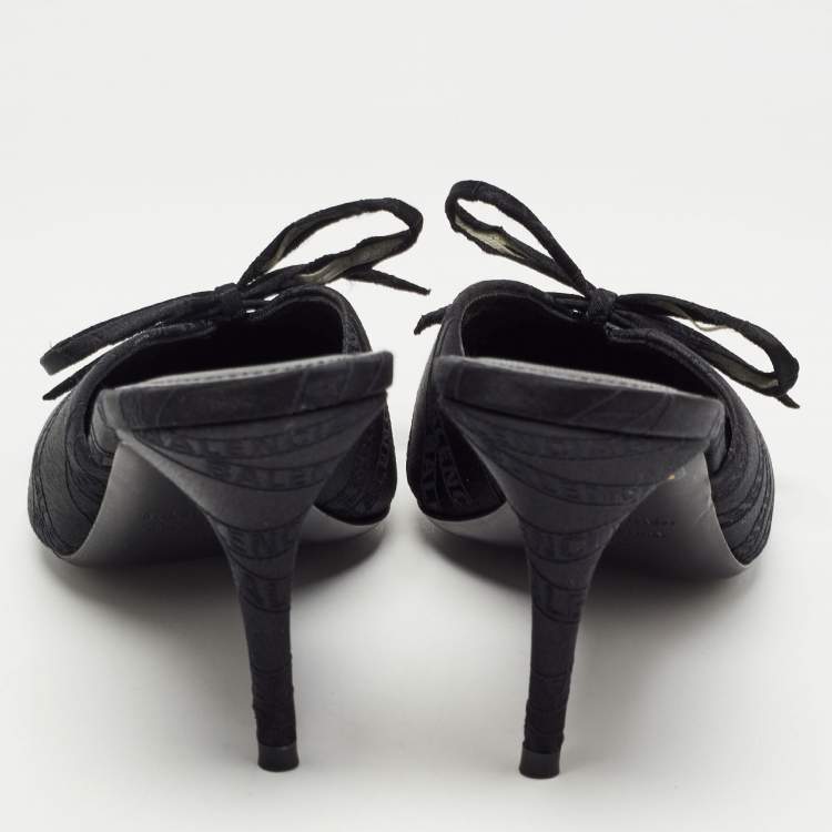 Pre Owned Balenciaga Black Logo Satin Bow Knife Mules Size 38