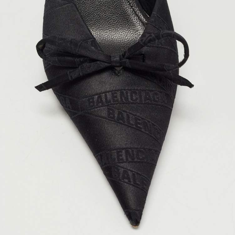 Pre Owned Balenciaga Black Logo Satin Bow Knife Mules Size 38