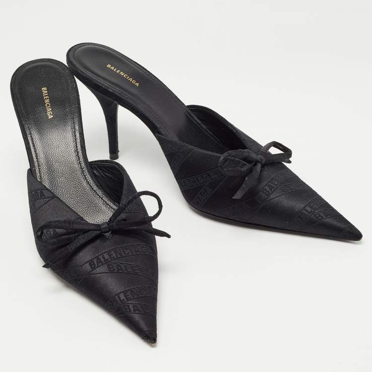 Pre Owned Balenciaga Black Logo Satin Bow Knife Mules Size 38