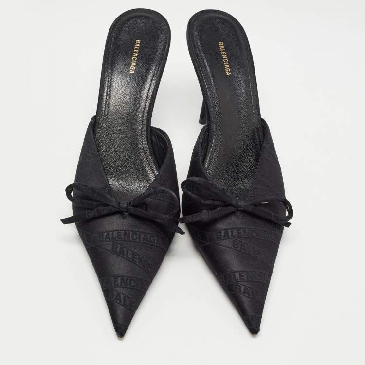 Pre Owned Balenciaga Black Logo Satin Bow Knife Mules Size 38