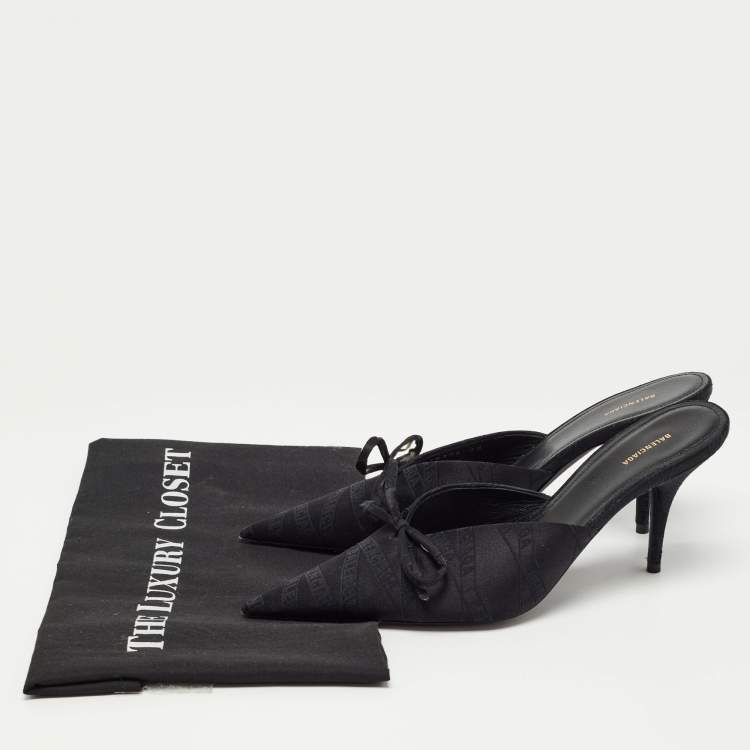 Pre Owned Balenciaga Black Logo Satin Bow Knife Mules Size 38