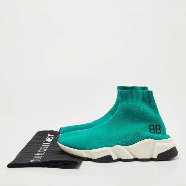 Pre Owned Balenciaga Turquoise Knit Fabric Speed Trainer Sneakers Size 35