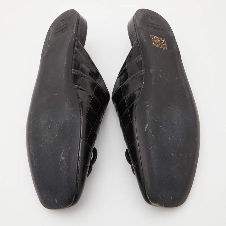 Pre Owned Balenciaga Black Croc Embossed Leather Cosy BB Flat Mules Size 38