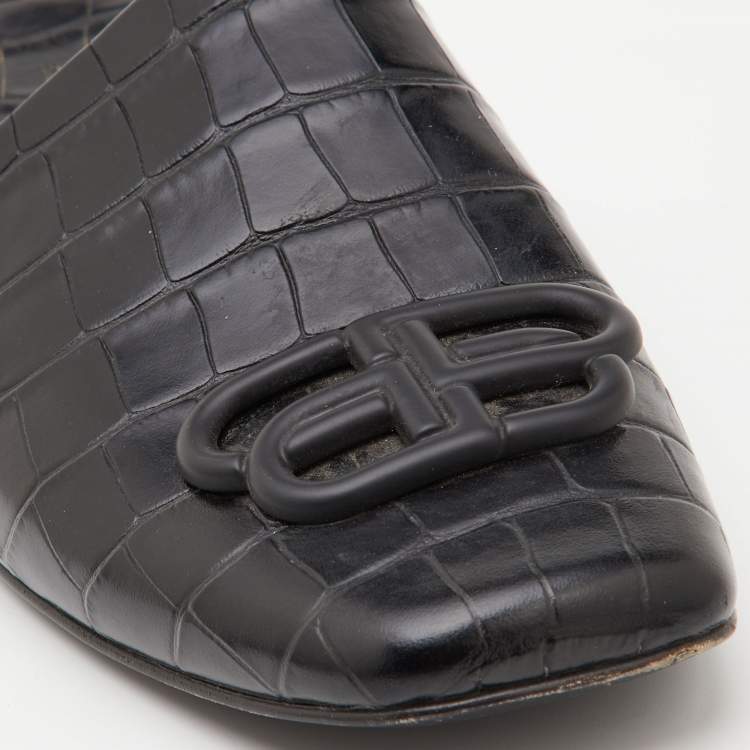 Pre Owned Balenciaga Black Croc Embossed Leather Cosy BB Flat Mules Size 38