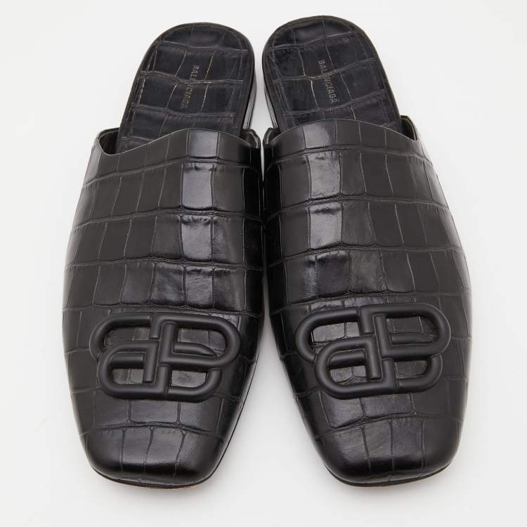 Pre Owned Balenciaga Black Croc Embossed Leather Cosy BB Flat Mules Size 38
