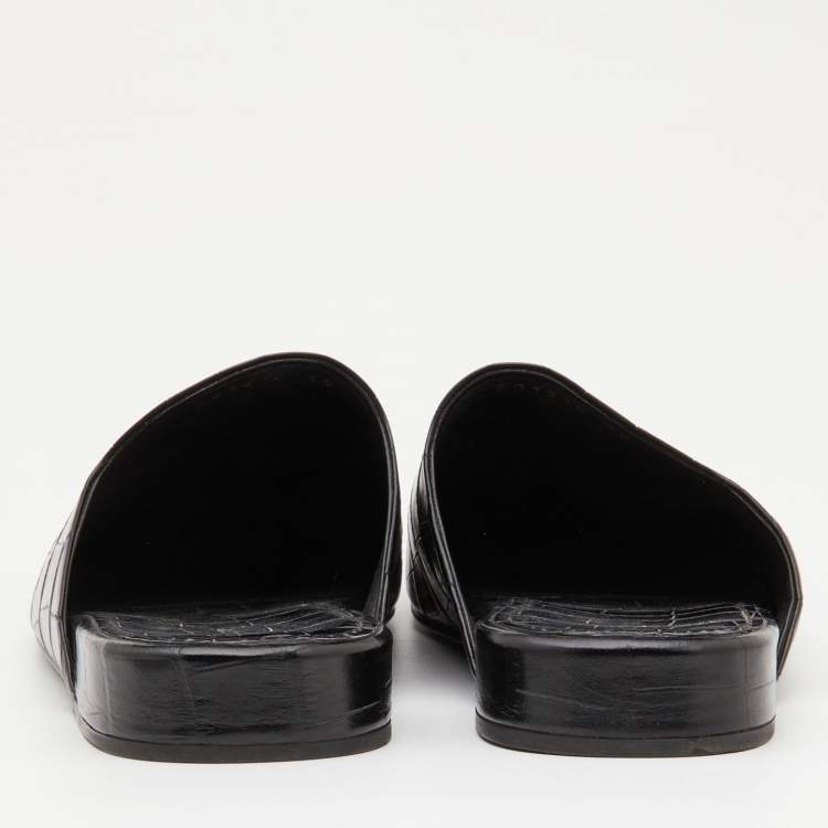 Pre Owned Balenciaga Black Croc Embossed Leather Cosy BB Flat Mules Size 38