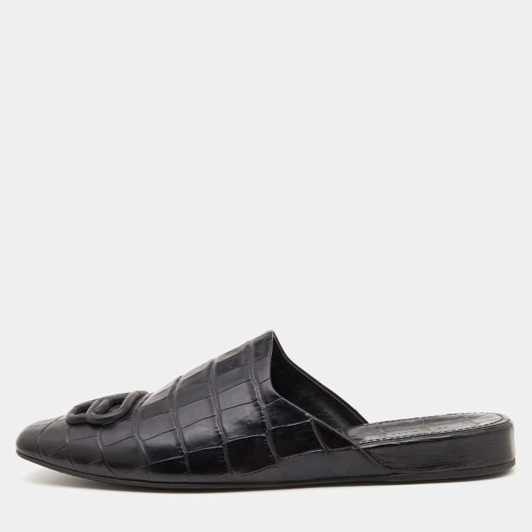 Pre Owned Balenciaga Black Croc Embossed Leather Cosy BB Flat Mules Size 38