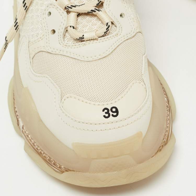 Pre Owned Balenciaga Cream Nubuck Leather and Mesh Triple S Clear Sneakers Size 39