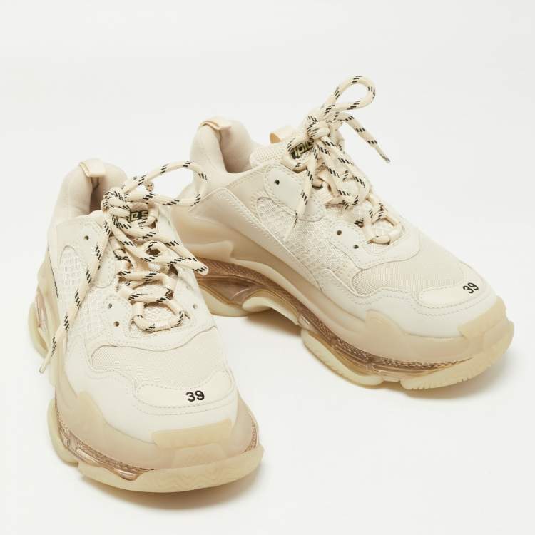 Pre Owned Balenciaga Cream Nubuck Leather and Mesh Triple S Clear Sneakers Size 39