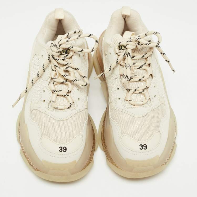 Pre Owned Balenciaga Cream Nubuck Leather and Mesh Triple S Clear Sneakers Size 39