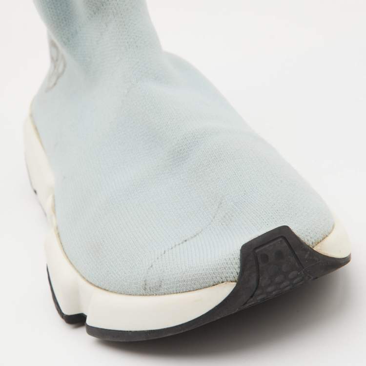 Pre Owned Balenciaga Light Blue Knit Fabric Speed Trainer Sneakers Size 36