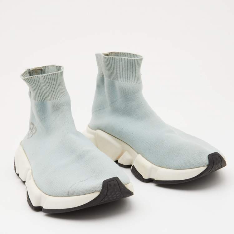 Pre Owned Balenciaga Light Blue Knit Fabric Speed Trainer Sneakers Size 36