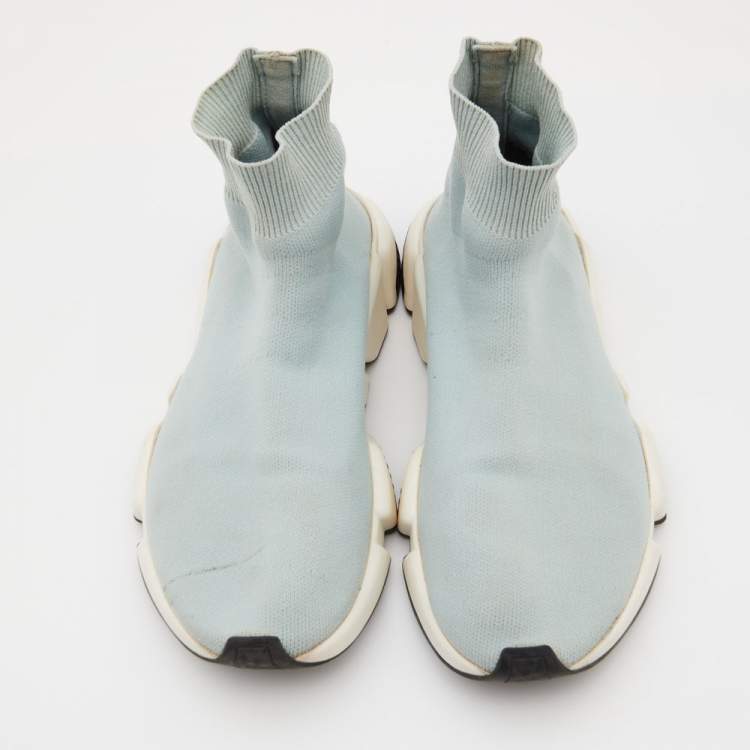 Pre Owned Balenciaga Light Blue Knit Fabric Speed Trainer Sneakers Size 36