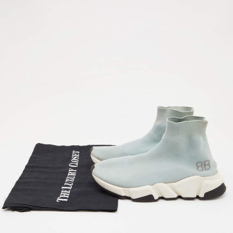 Pre Owned Balenciaga Light Blue Knit Fabric Speed Trainer Sneakers Size 36