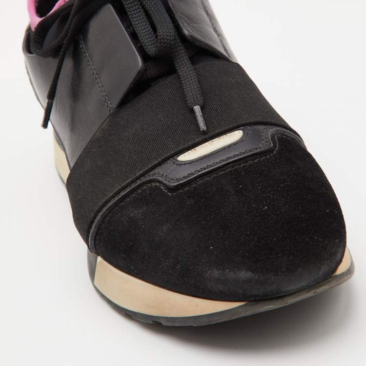 Pre Owned Balenciaga Black Leather, Fabric and Suede Race Runner Sneakers Size 38