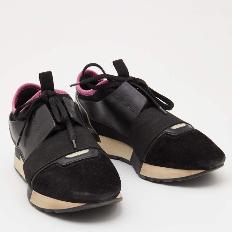 Pre Owned Balenciaga Black Leather, Fabric and Suede Race Runner Sneakers Size 38