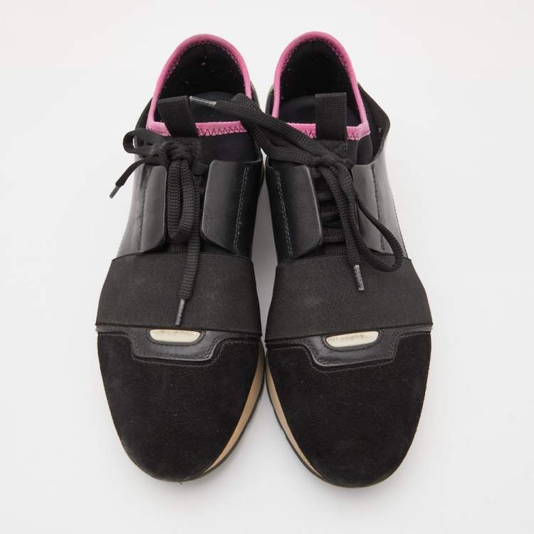 Pre Owned Balenciaga Black Leather, Fabric and Suede Race Runner Sneakers Size 38