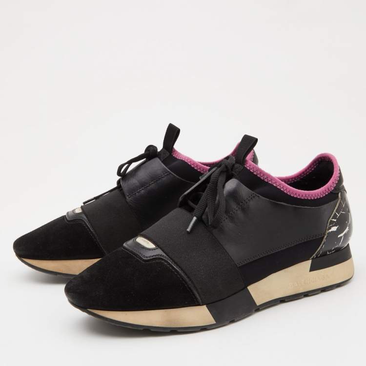 Pre Owned Balenciaga Black Leather, Fabric and Suede Race Runner Sneakers Size 38