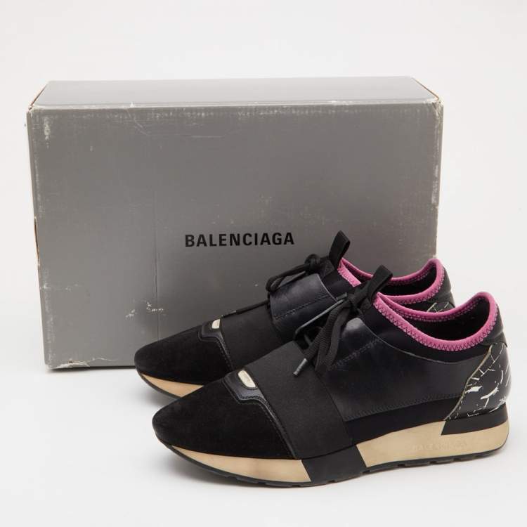Pre Owned Balenciaga Black Leather, Fabric and Suede Race Runner Sneakers Size 38