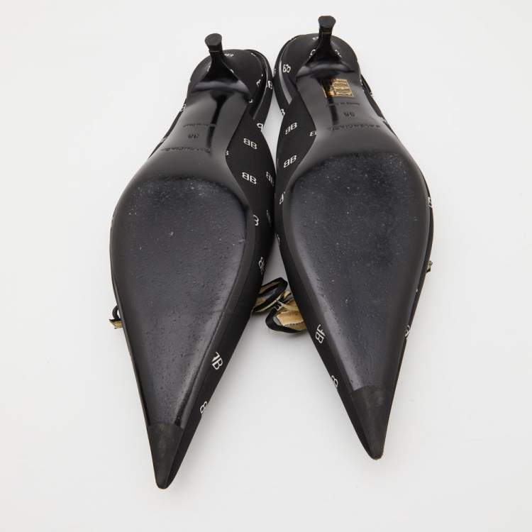 Pre Owned Balenciaga Black BB Logo Satin Bow Knife Slingback Pumps Size 38