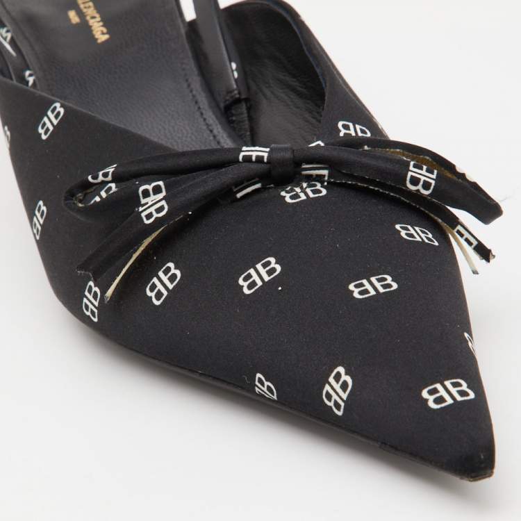 Pre Owned Balenciaga Black BB Logo Satin Bow Knife Slingback Pumps Size 38
