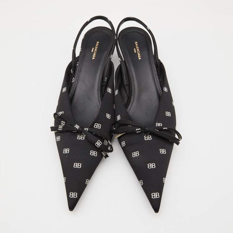 Pre Owned Balenciaga Black BB Logo Satin Bow Knife Slingback Pumps Size 38