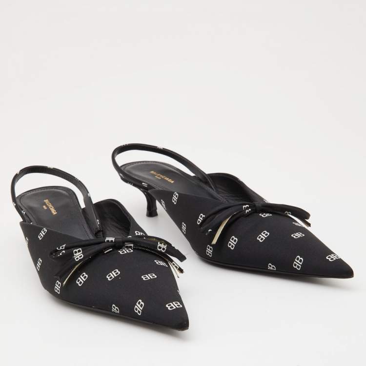Pre Owned Balenciaga Black BB Logo Satin Bow Knife Slingback Pumps Size 38
