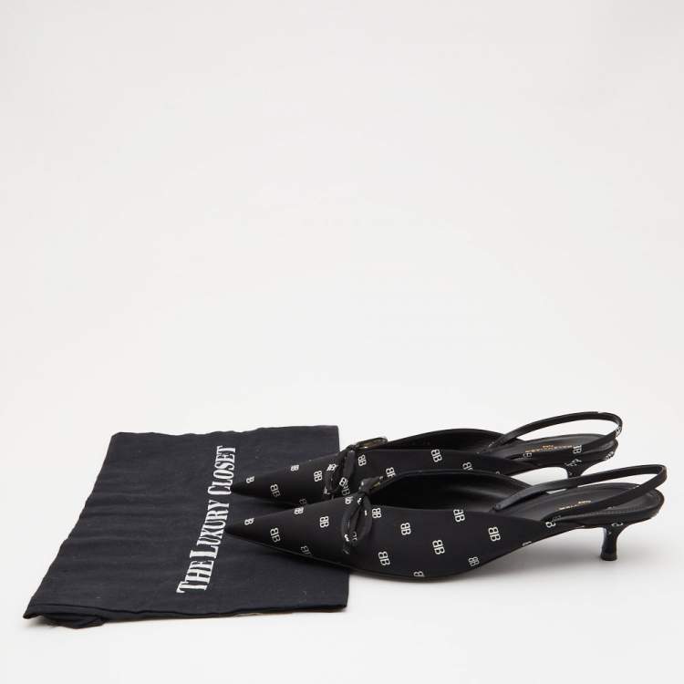 Pre Owned Balenciaga Black BB Logo Satin Bow Knife Slingback Pumps Size 38