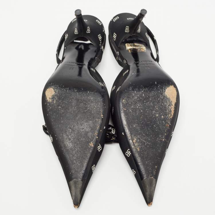 مملوكة مسبقًا Balenciaga Black BB Logo Print Satin Bow Knife Slingback Pumps Size 38
