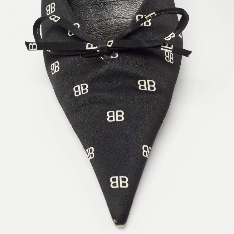 مملوكة مسبقًا Balenciaga Black BB Logo Print Satin Bow Knife Slingback Pumps Size 38