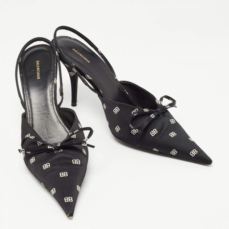 مملوكة مسبقًا Balenciaga Black BB Logo Print Satin Bow Knife Slingback Pumps Size 38