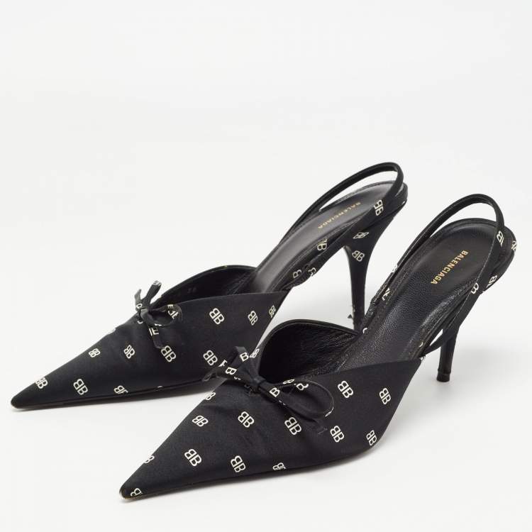مملوكة مسبقًا Balenciaga Black BB Logo Print Satin Bow Knife Slingback Pumps Size 38