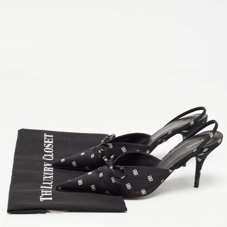 مملوكة مسبقًا Balenciaga Black BB Logo Print Satin Bow Knife Slingback Pumps Size 38