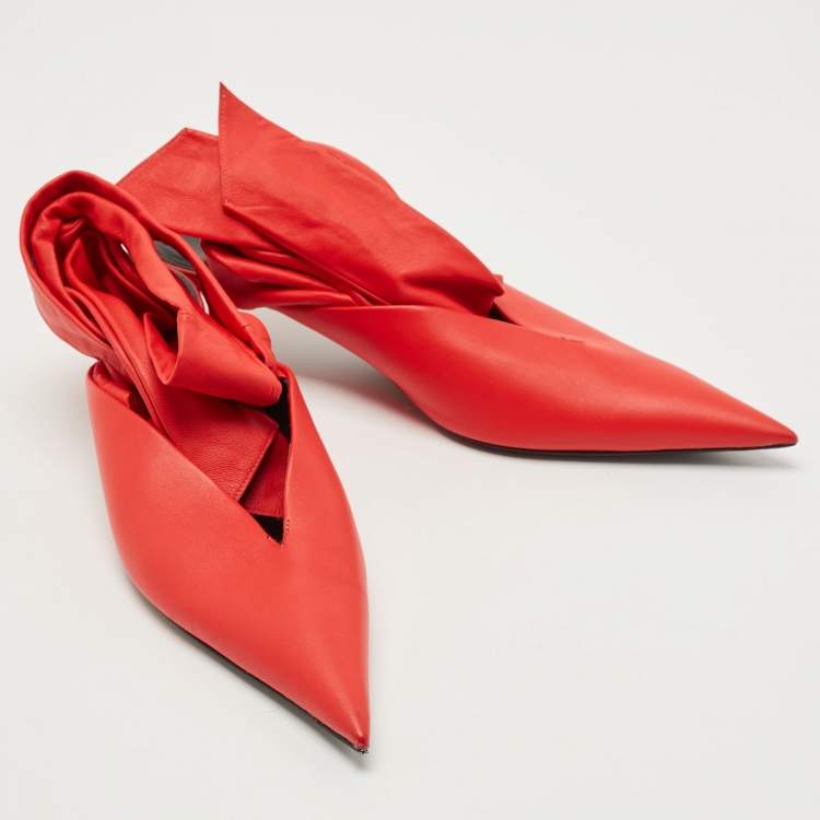 Pre Owned Balenciaga Red Leather Knife  Pointed Toe Ankle Wrap Pumps Size 38