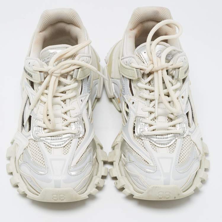 Pre Owned Balenciaga White/Grey Leather and Mesh Track Sneakers Size 37