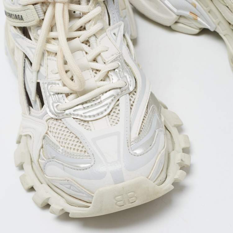 Pre Owned Balenciaga White/Grey Leather and Mesh Track Sneakers Size 37