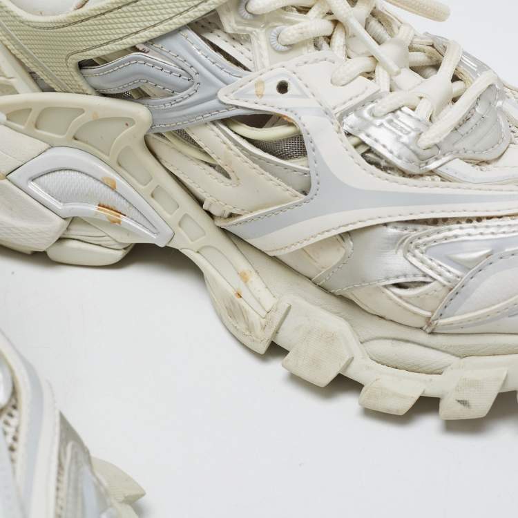 Pre Owned Balenciaga White/Grey Leather and Mesh Track Sneakers Size 37