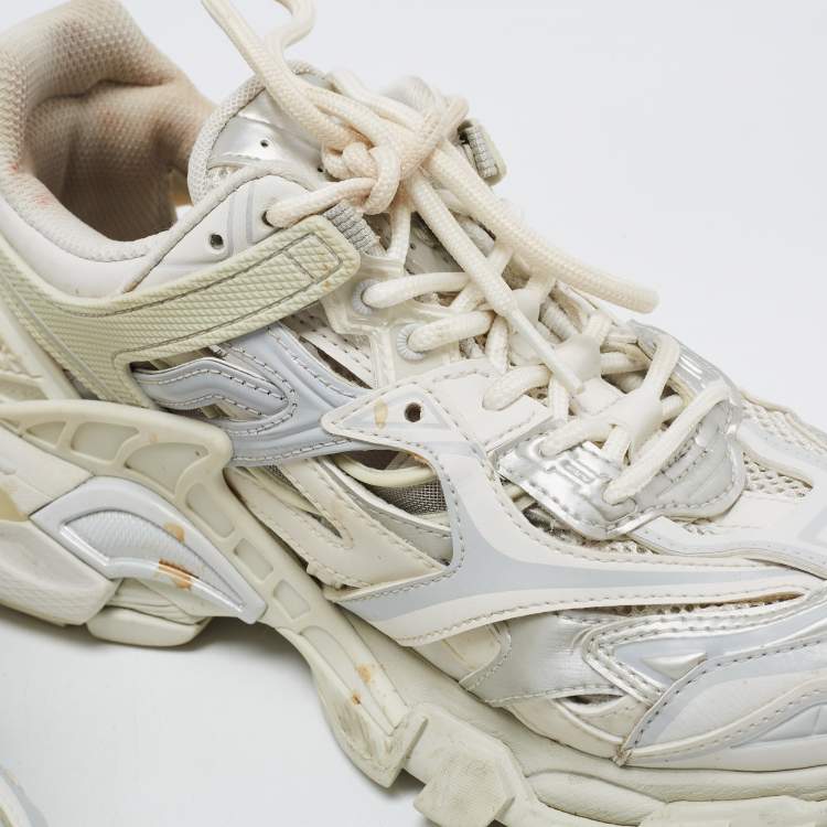 Pre Owned Balenciaga White/Grey Leather and Mesh Track Sneakers Size 37