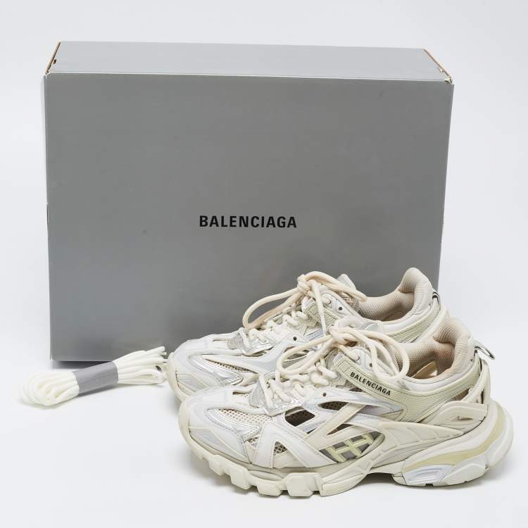 Pre Owned Balenciaga White/Grey Leather and Mesh Track Sneakers Size 37