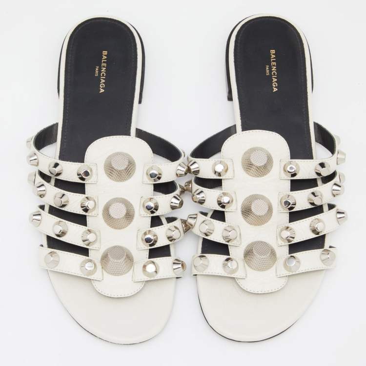 Pre Owned Balenciaga White Leather Arena Studded Strappy Flat Sandals Size 37