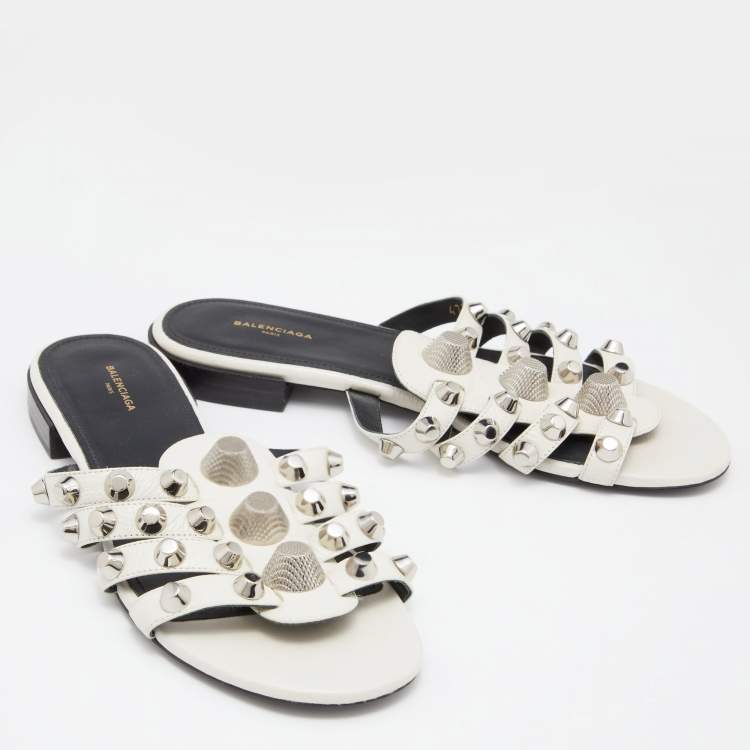 Pre Owned Balenciaga White Leather Arena Studded Strappy Flat Sandals Size 37
