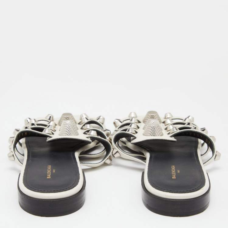 Pre Owned Balenciaga White Leather Arena Studded Strappy Flat Sandals Size 37