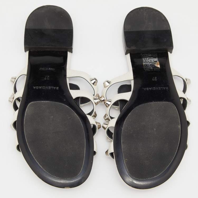 Pre Owned Balenciaga White Leather Arena Studded Strappy Flat Sandals Size 37