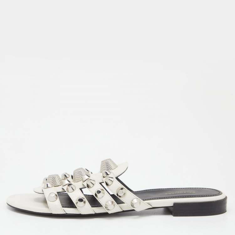 Pre Owned Balenciaga White Leather Arena Studded Strappy Flat Sandals Size 37