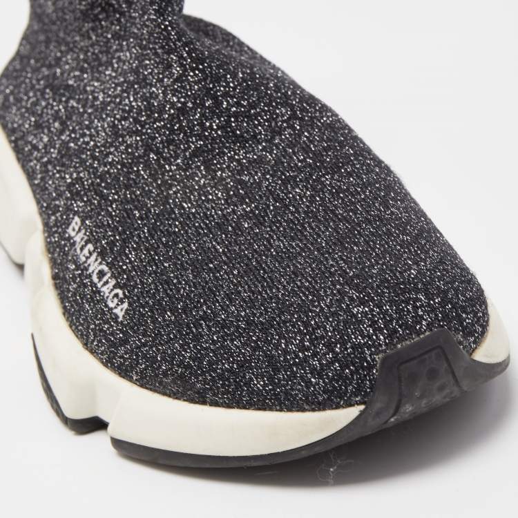 Pre Owned Balenciaga Grey/Silver Glitter Knit Fabric Speed Trainer High Top Sneakers Size 38