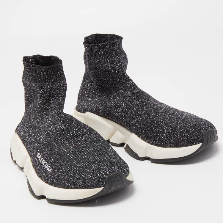 Pre Owned Balenciaga Grey/Silver Glitter Knit Fabric Speed Trainer High Top Sneakers Size 38