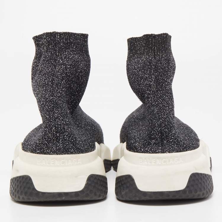 Pre Owned Balenciaga Grey/Silver Glitter Knit Fabric Speed Trainer High Top Sneakers Size 38