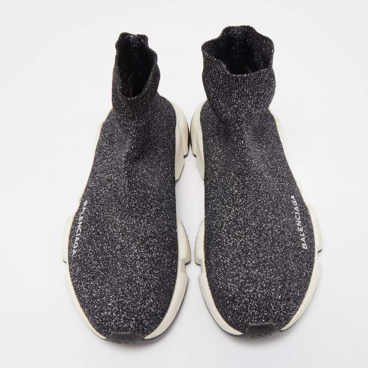 Pre Owned Balenciaga Grey/Silver Glitter Knit Fabric Speed Trainer High Top Sneakers Size 38