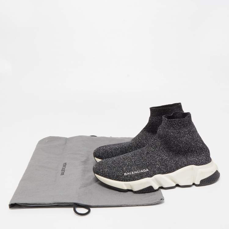 Pre Owned Balenciaga Grey/Silver Glitter Knit Fabric Speed Trainer High Top Sneakers Size 38