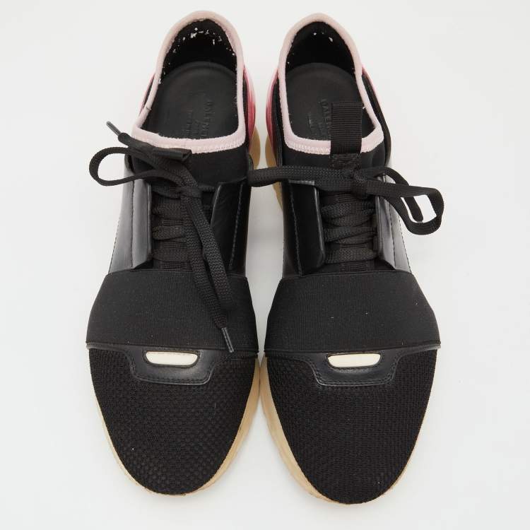 Pre Owned Balenciaga Black Leather and Mesh Race Runner Low Top Sneakers Size 39